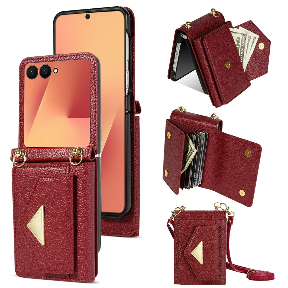 For Samsung Galaxy Z Flip8 Case Card Slots PU + PC Phone Cover with Long Strap