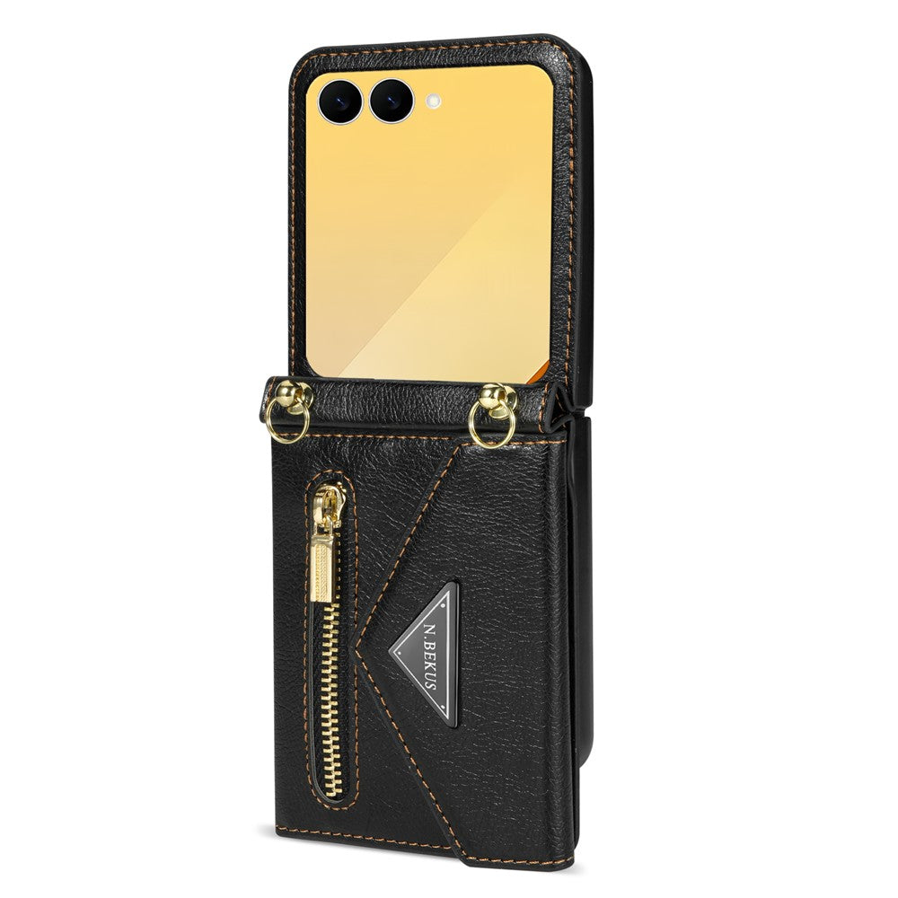 N.BEKUS For Samsung Galaxy Z Flip8 Case Zipper Card Holder PU + PC Phone Cover with Shoulder Strap