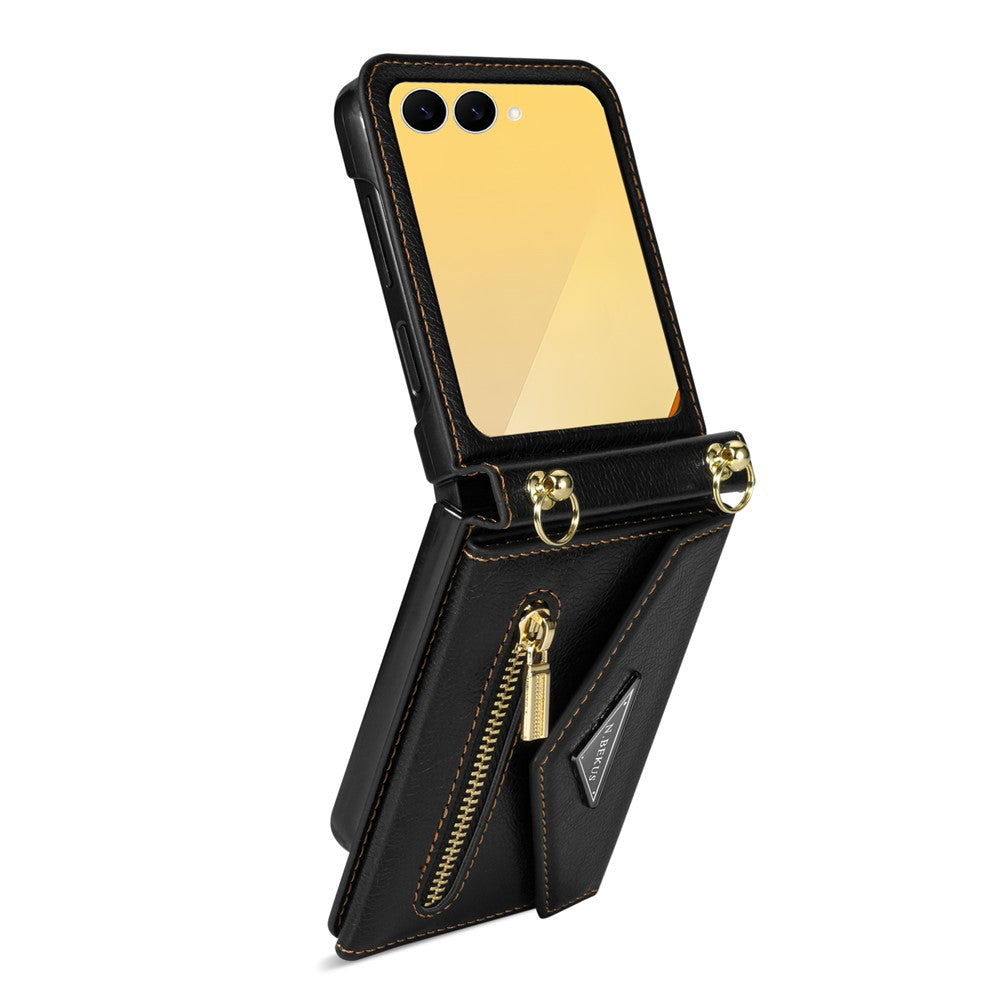 N.BEKUS For Samsung Galaxy Z Flip8 Case Zipper Card Holder PU + PC Phone Cover with Shoulder Strap