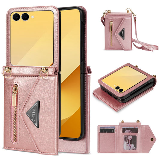 Galaxy Z Flip8 – Handyhülle aus PU-Leder und TPU, mit Kartenfach, mit Schulterriemen