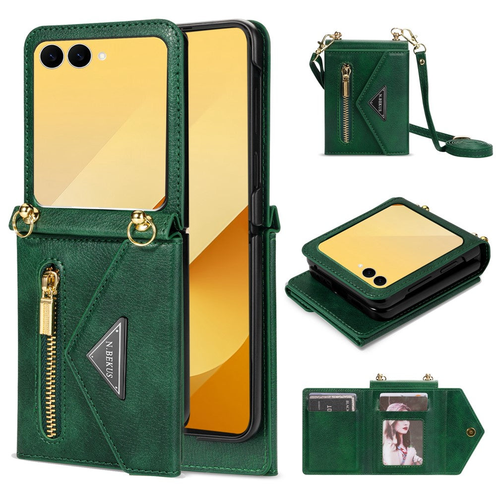 N.BEKUS For Samsung Galaxy Z Flip8 Case Zipper Card Holder PU + PC Phone Cover with Shoulder Strap