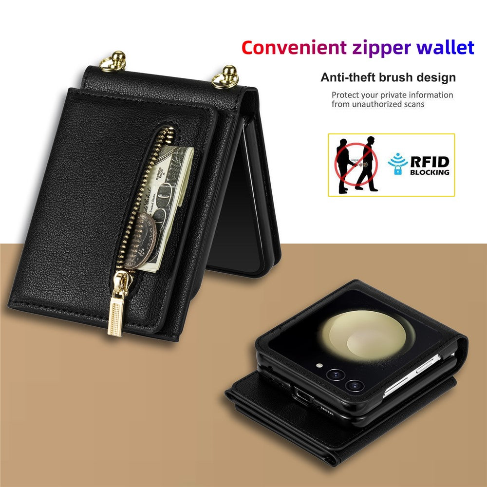 For Samsung Galaxy Z Flip8 Case Zipper Wallet PU + TPU + PC Phone Cover with Shoulder Strap