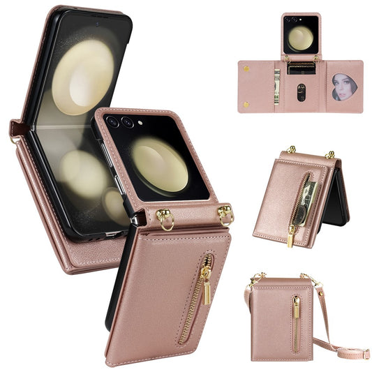 Galaxy Z Flip8 – Wallet-Handyhülle aus Metall, PU-Leder und TPU, mit Schulterriemen