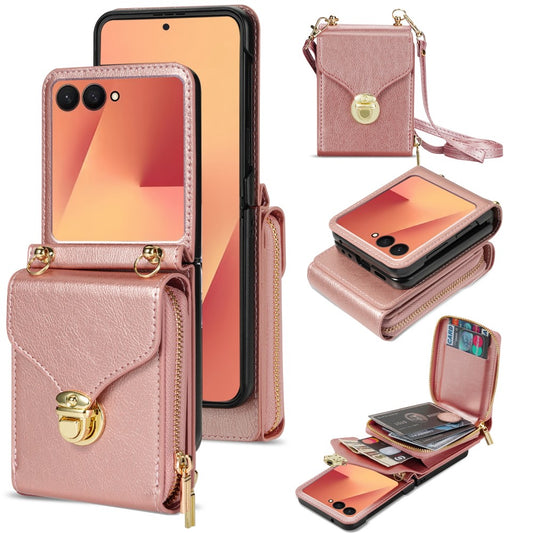 Galaxy Z Flip8 – Wallet-Handyhülle aus Metall, PU-Leder und TPU, mit Schulterriemen