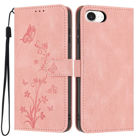 For iPhone 17e / 16e Wallet Case Butterfly Flower Imprint PU Leather Phone Cover with Wrist Strap