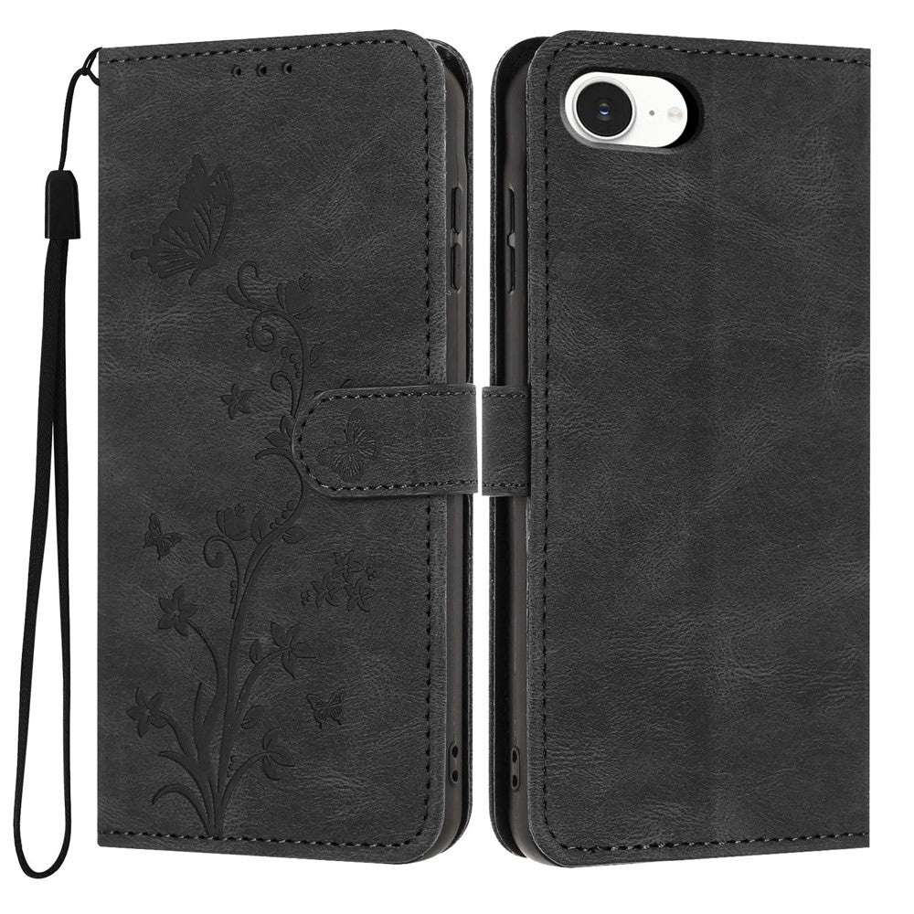 For iPhone 17e / 16e Wallet Case Butterfly Flower Imprint PU Leather Phone Cover with Wrist Strap