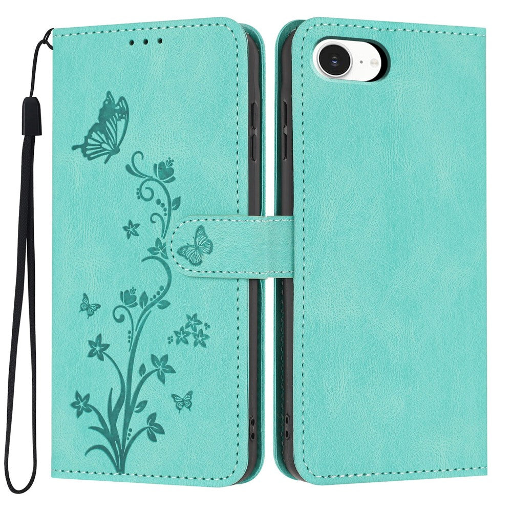 For iPhone 17e / 16e Wallet Case Butterfly Flower Imprint PU Leather Phone Cover with Wrist Strap