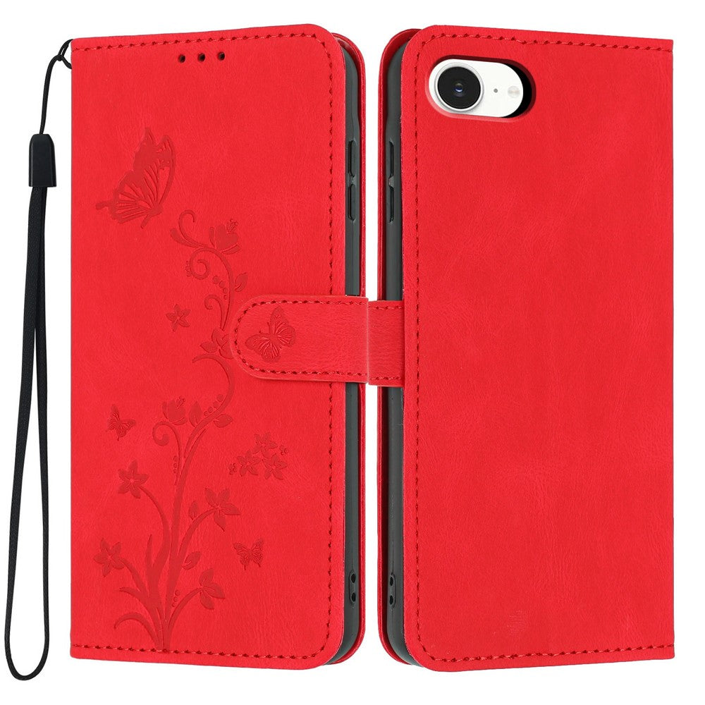 For iPhone 17e / 16e Wallet Case Butterfly Flower Imprint PU Leather Phone Cover with Wrist Strap