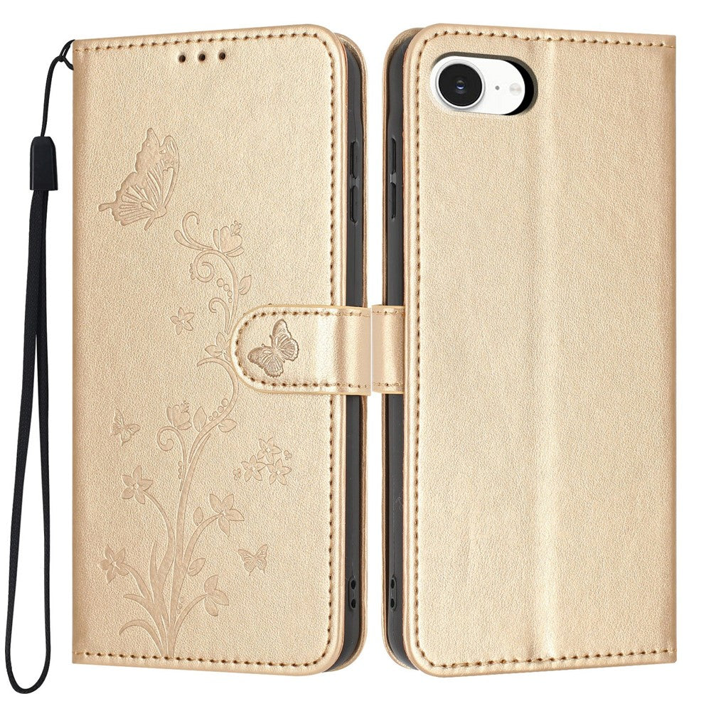 For iPhone 17e / 16e Wallet Case Butterfly Flower Imprint PU Leather Phone Cover with Wrist Strap