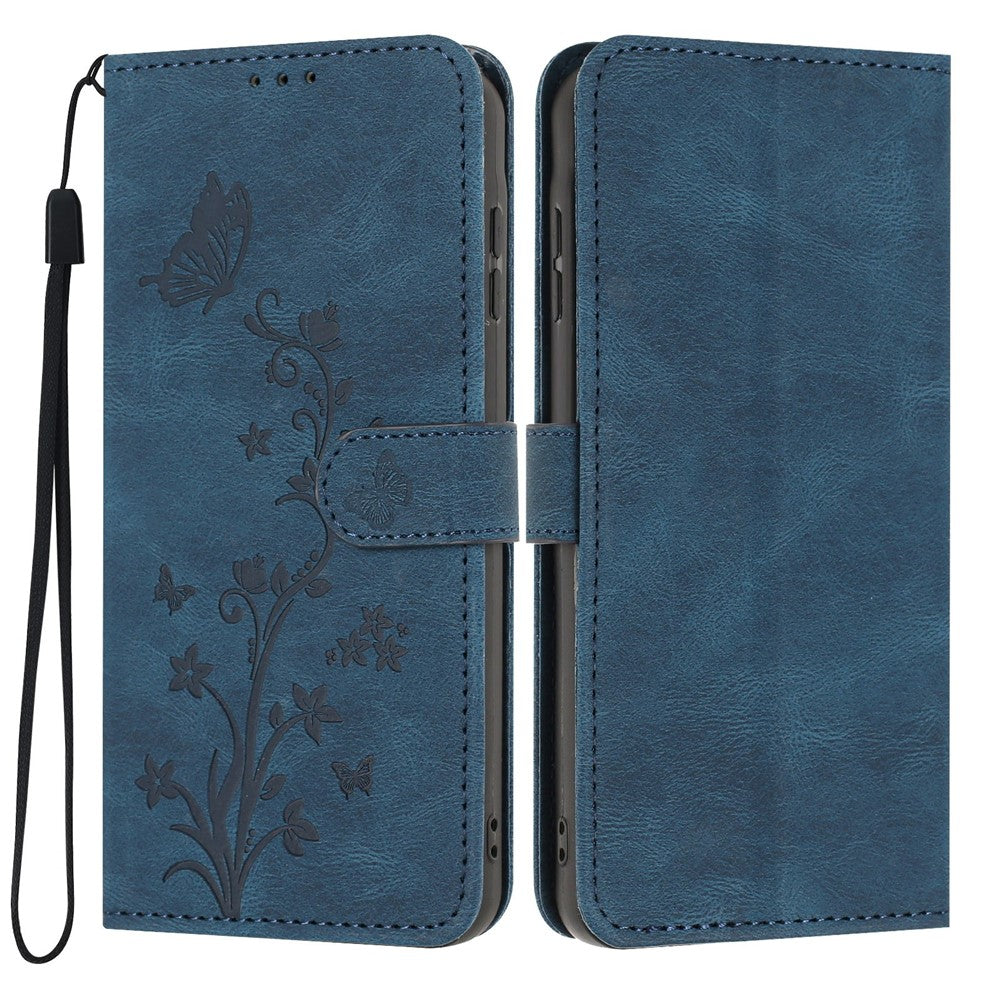 For iPhone 17e / 16e Wallet Case Butterfly Flower Imprint PU Leather Phone Cover with Wrist Strap