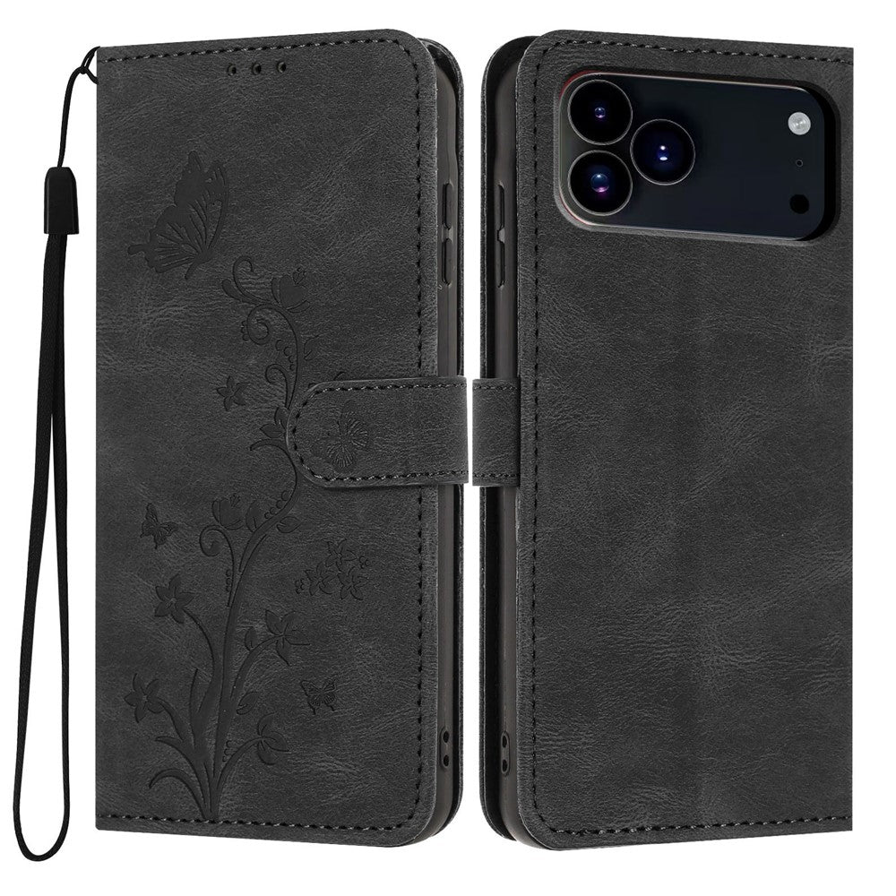 For iPhone 18 Pro Max / 17 Pro Max Wallet Case Butterfly Flower Imprint PU Leather Phone Cover with Wrist Strap