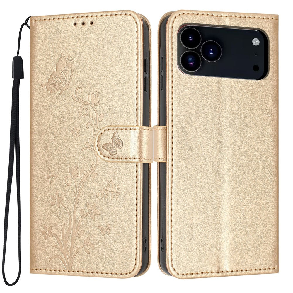 For iPhone 18 Pro Max / 17 Pro Max Wallet Case Butterfly Flower Imprint PU Leather Phone Cover with Wrist Strap