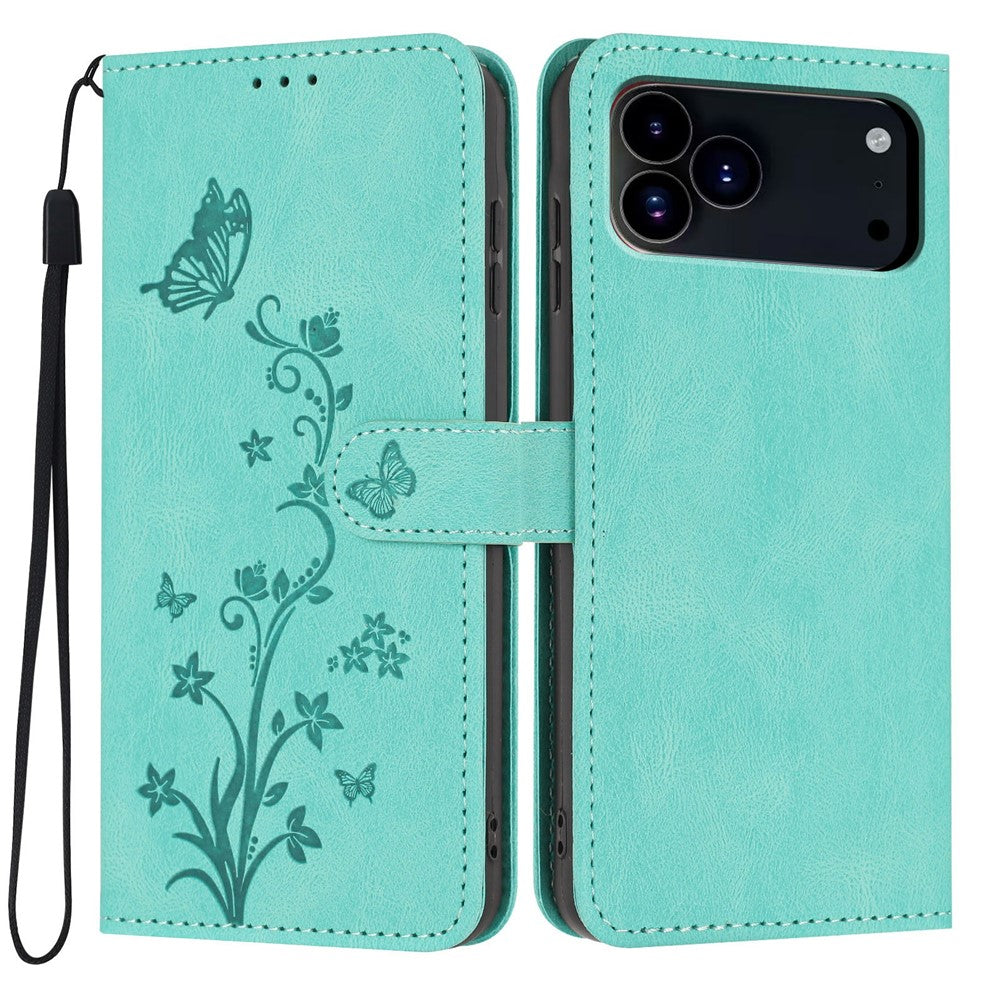 For iPhone 18 Pro / 17 Pro Wallet Case Butterfly Flower Imprint PU Leather Phone Cover with Wrist Strap