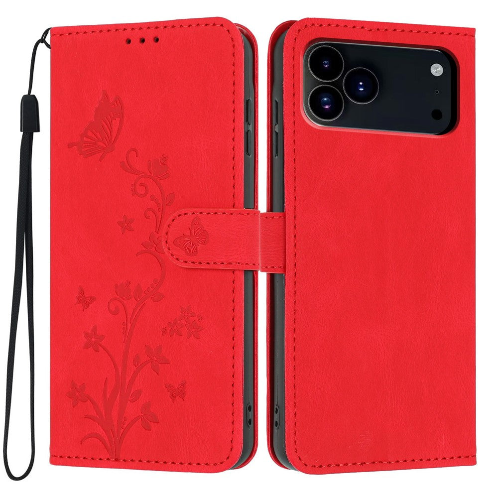 For iPhone 18 Pro / 17 Pro Wallet Case Butterfly Flower Imprint PU Leather Phone Cover with Wrist Strap