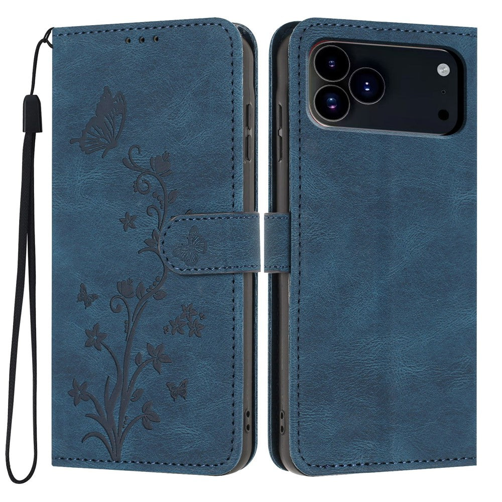 For iPhone 18 Pro / 17 Pro Wallet Case Butterfly Flower Imprint PU Leather Phone Cover with Wrist Strap