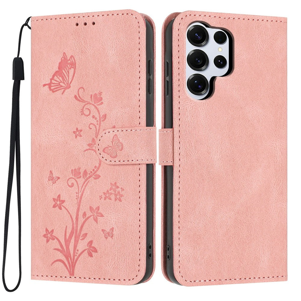 For Samsung Galaxy S26 Ultra Wallet Case Butterfly Flower Imprint PU Leather Phone Cover with Wrist Strap