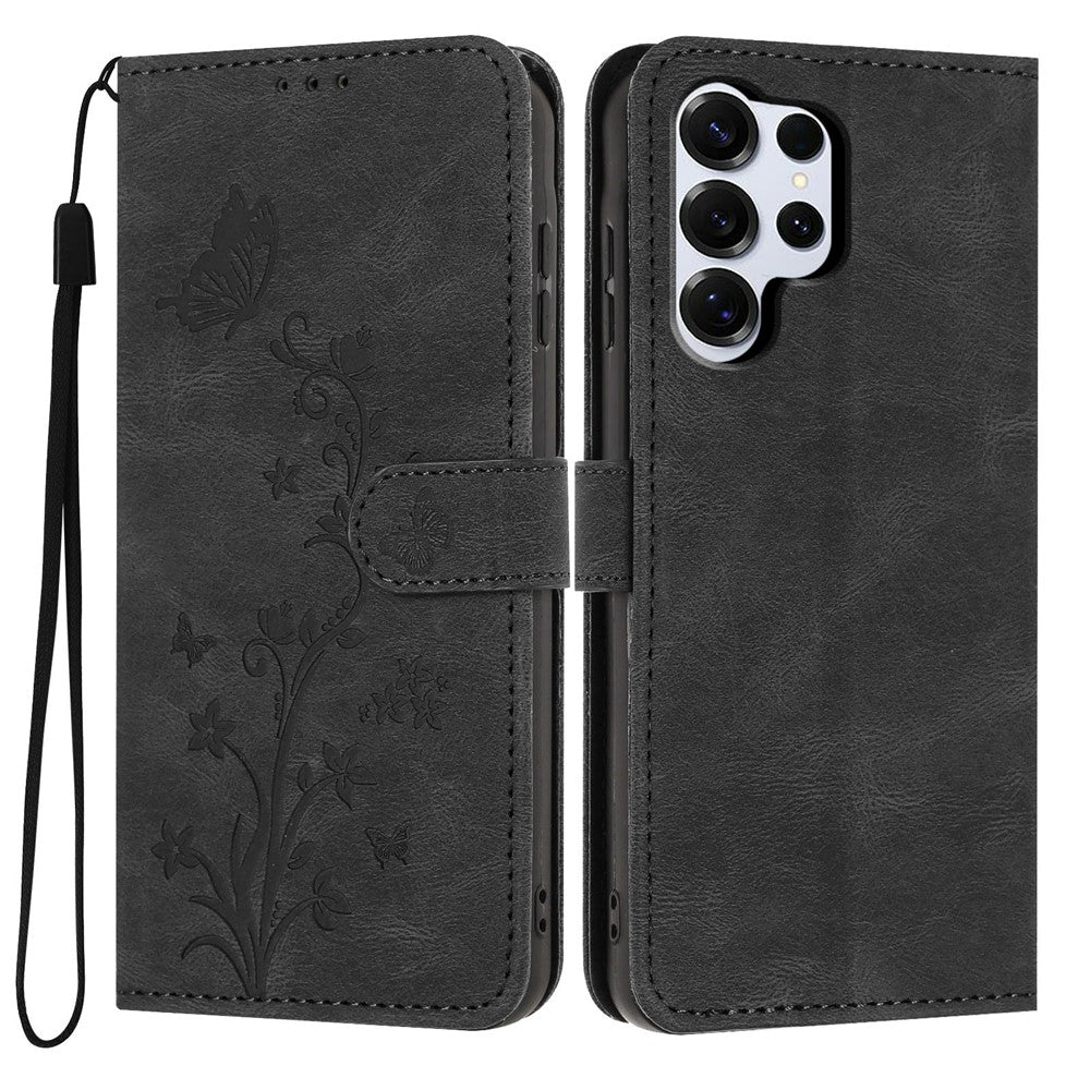 For Samsung Galaxy S26 Ultra Wallet Case Butterfly Flower Imprint PU Leather Phone Cover with Wrist Strap