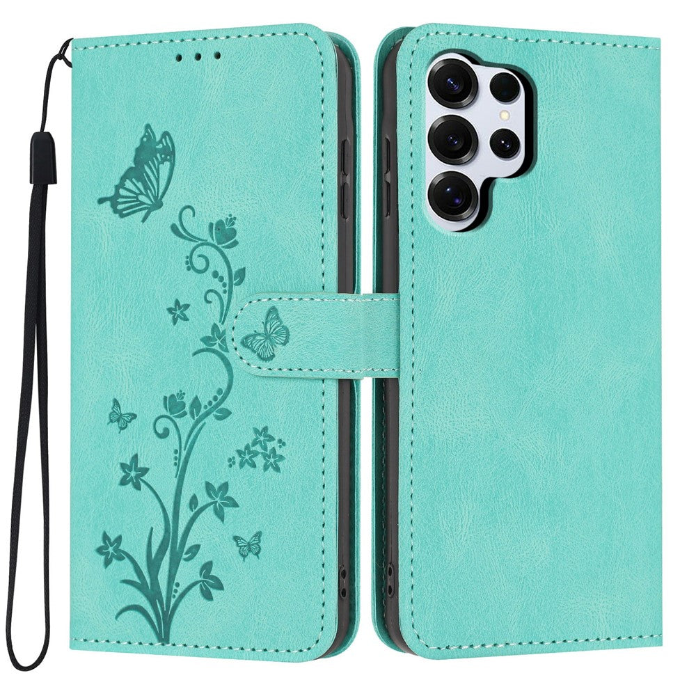 For Samsung Galaxy S26 Ultra Wallet Case Butterfly Flower Imprint PU Leather Phone Cover with Wrist Strap