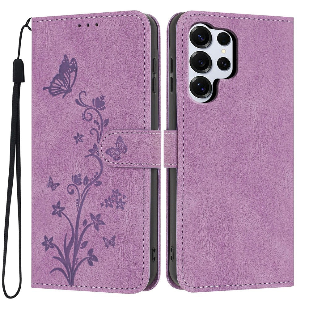 For Samsung Galaxy S26 Ultra Wallet Case Butterfly Flower Imprint PU Leather Phone Cover with Wrist Strap