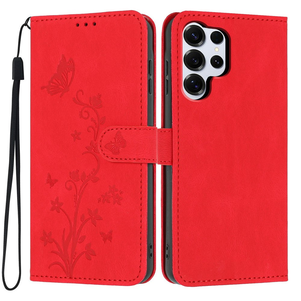 For Samsung Galaxy S26 Ultra Wallet Case Butterfly Flower Imprint PU Leather Phone Cover with Wrist Strap