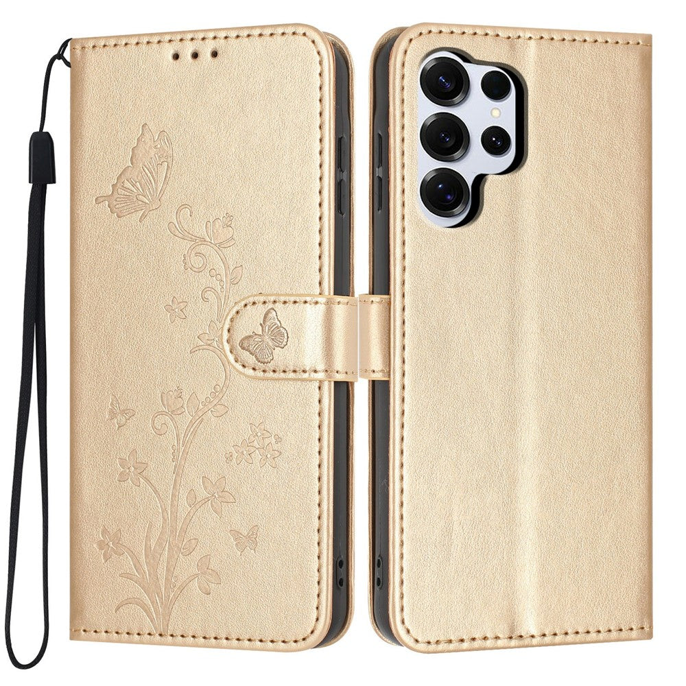 For Samsung Galaxy S26 Ultra Wallet Case Butterfly Flower Imprint PU Leather Phone Cover with Wrist Strap