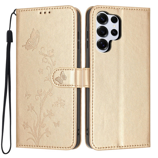 Galaxy S26 Ultra Handyhülle – Brieftaschenetui mit Schmetterlings-Blumenaufdruck, PU-Leder, mit Handschlaufe