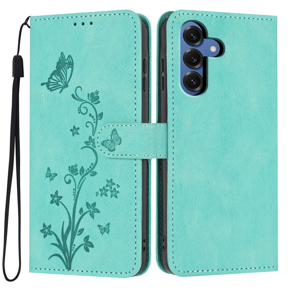 For Samsung Galaxy S26 Wallet Case Butterfly Flower Imprint PU Leather Phone Cover with Wrist Strap