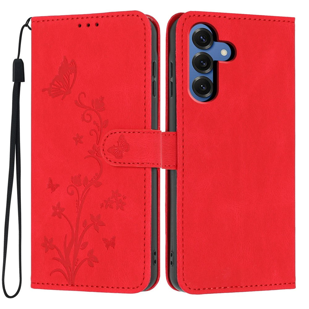 For Samsung Galaxy S26 Wallet Case Butterfly Flower Imprint PU Leather Phone Cover with Wrist Strap
