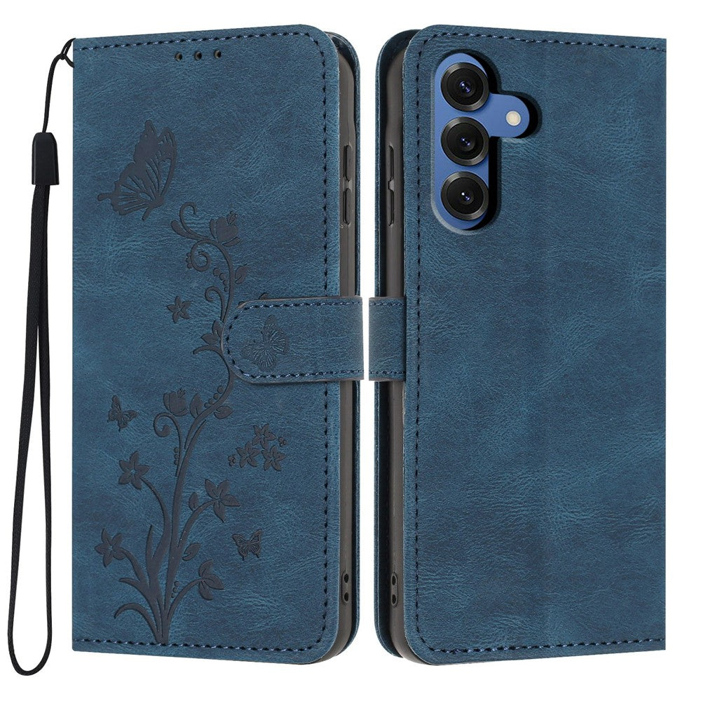 For Samsung Galaxy S26 Wallet Case Butterfly Flower Imprint PU Leather Phone Cover with Wrist Strap