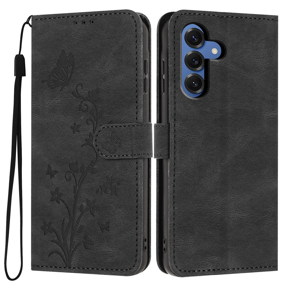 For Samsung Galaxy S26+ Wallet Case Butterfly Flower Imprint PU Leather Phone Cover with Wrist Strap
