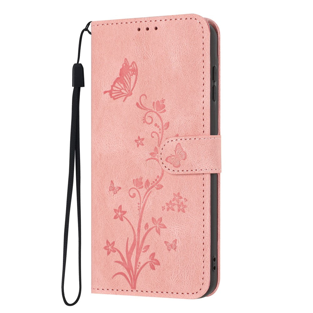 For Samsung Galaxy S26+ Wallet Case Butterfly Flower Imprint PU Leather Phone Cover with Wrist Strap