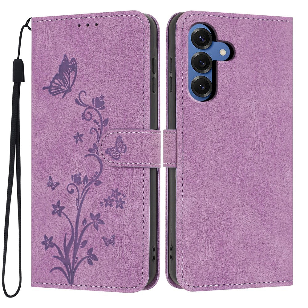 For Samsung Galaxy S26+ Wallet Case Butterfly Flower Imprint PU Leather Phone Cover with Wrist Strap