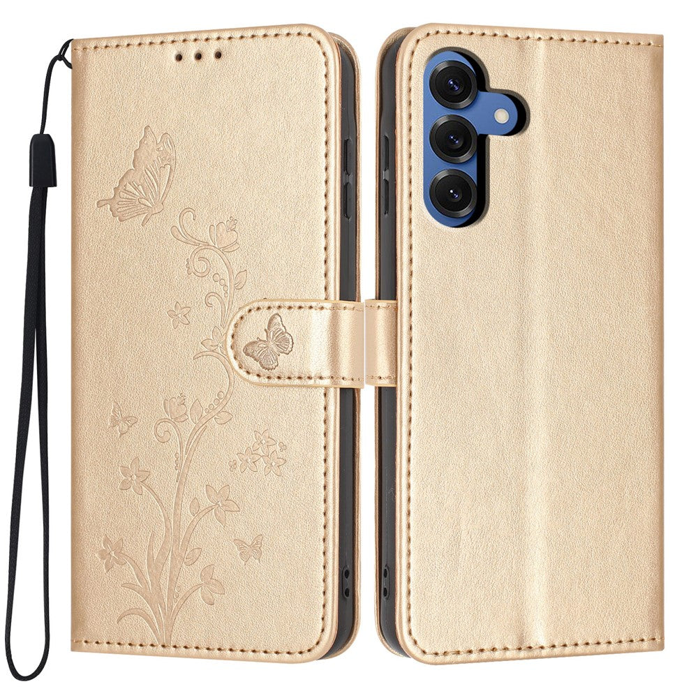 For Samsung Galaxy S26+ Wallet Case Butterfly Flower Imprint PU Leather Phone Cover with Wrist Strap