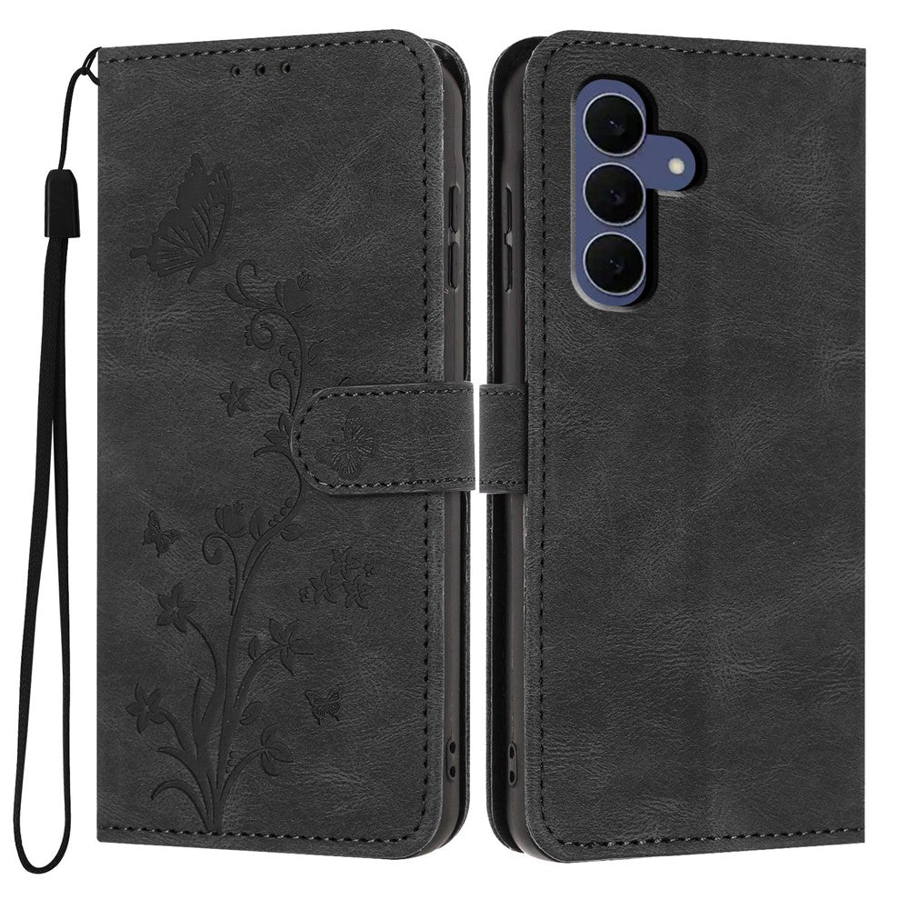 For Samsung Galaxy S26 FE Wallet Case Butterfly Flower Imprint PU Leather Phone Cover with Wrist Strap