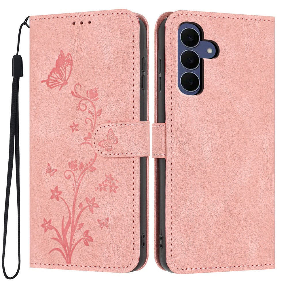For Samsung Galaxy S26 FE Wallet Case Butterfly Flower Imprint PU Leather Phone Cover with Wrist Strap