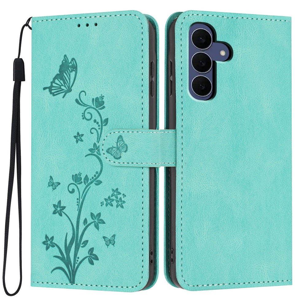 For Samsung Galaxy S26 FE Wallet Case Butterfly Flower Imprint PU Leather Phone Cover with Wrist Strap