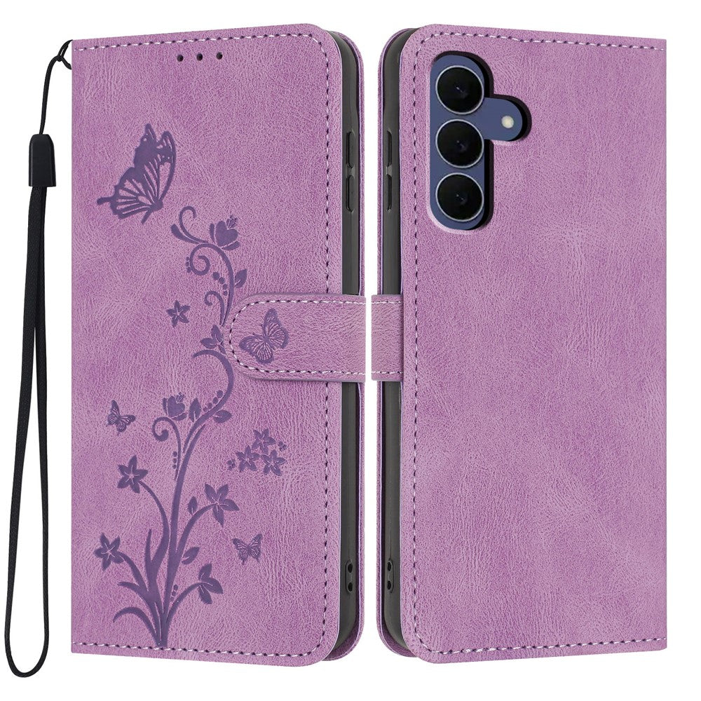 For Samsung Galaxy S26 FE Wallet Case Butterfly Flower Imprint PU Leather Phone Cover with Wrist Strap