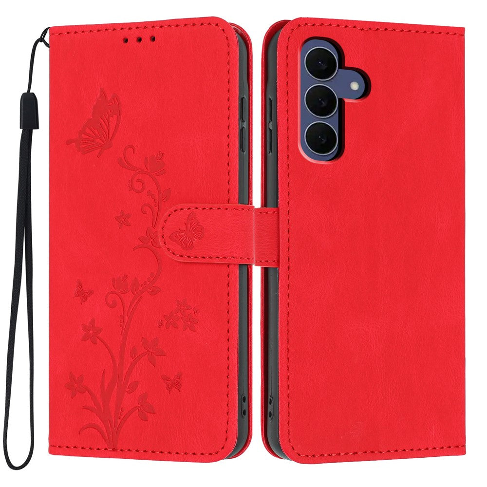 For Samsung Galaxy S26 FE Wallet Case Butterfly Flower Imprint PU Leather Phone Cover with Wrist Strap