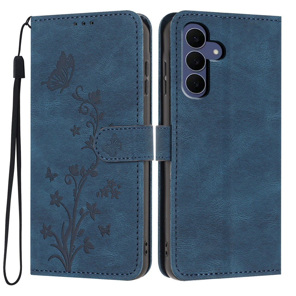 For Samsung Galaxy S26 FE Wallet Case Butterfly Flower Imprint PU Leather Phone Cover with Wrist Strap