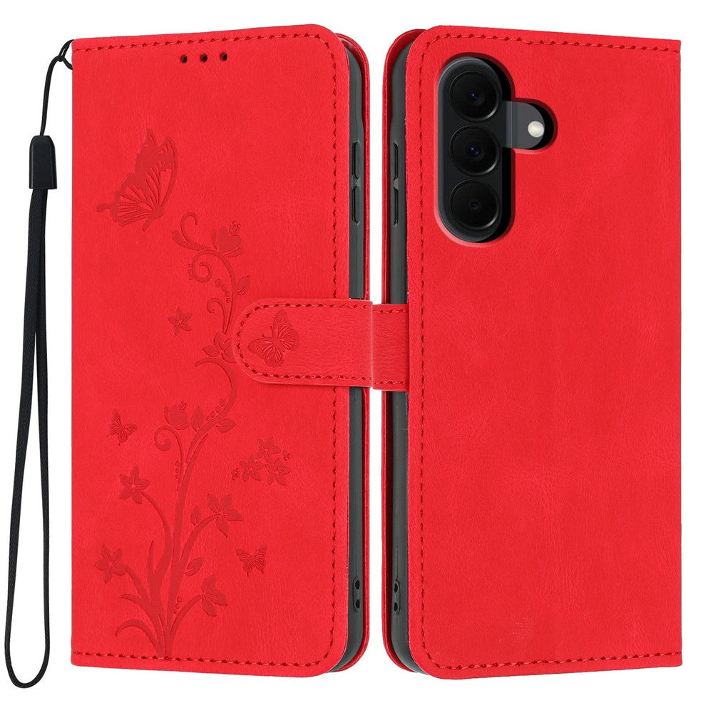 For Samsung Galaxy A57 5G Wallet Case Butterfly Flower Imprint PU Leather Phone Cover with Wrist Strap