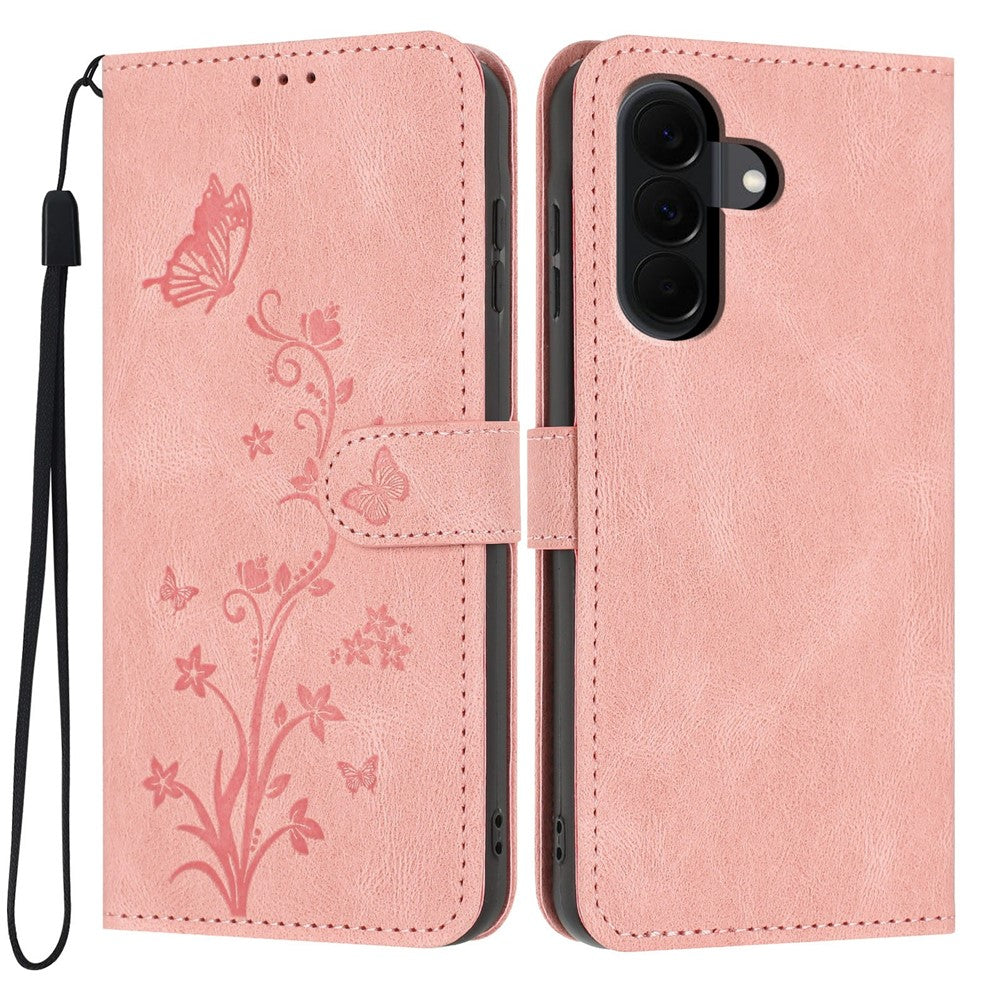 For Samsung Galaxy A37 5G Wallet Case Butterfly Flower Imprint PU Leather Phone Cover with Wrist Strap