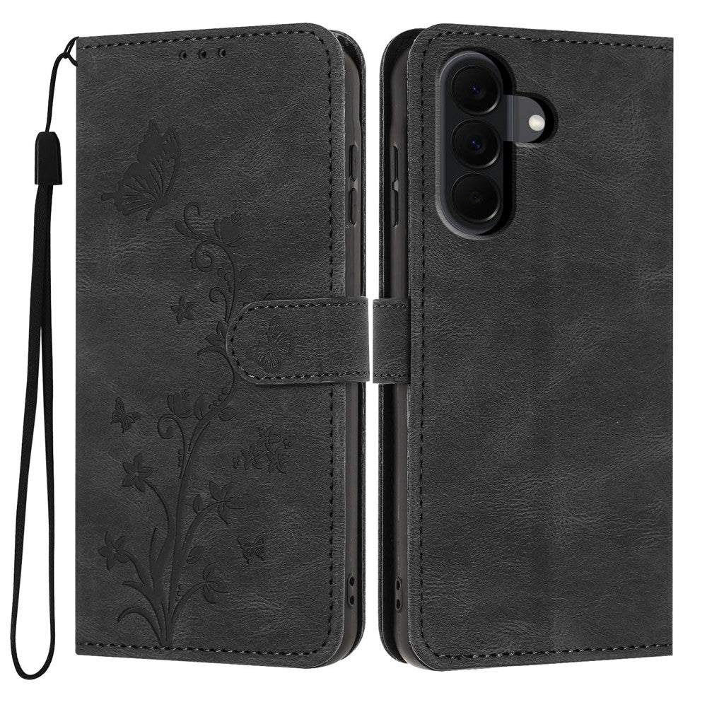 For Samsung Galaxy A37 5G Wallet Case Butterfly Flower Imprint PU Leather Phone Cover with Wrist Strap