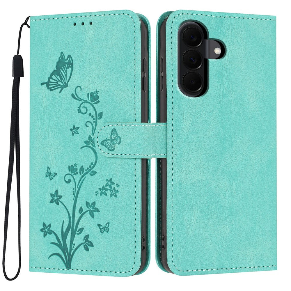 For Samsung Galaxy A37 5G Wallet Case Butterfly Flower Imprint PU Leather Phone Cover with Wrist Strap