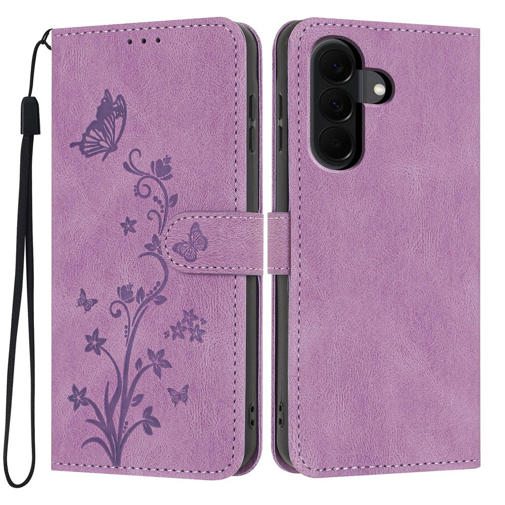 For Samsung Galaxy A37 5G Wallet Case Butterfly Flower Imprint PU Leather Phone Cover with Wrist Strap