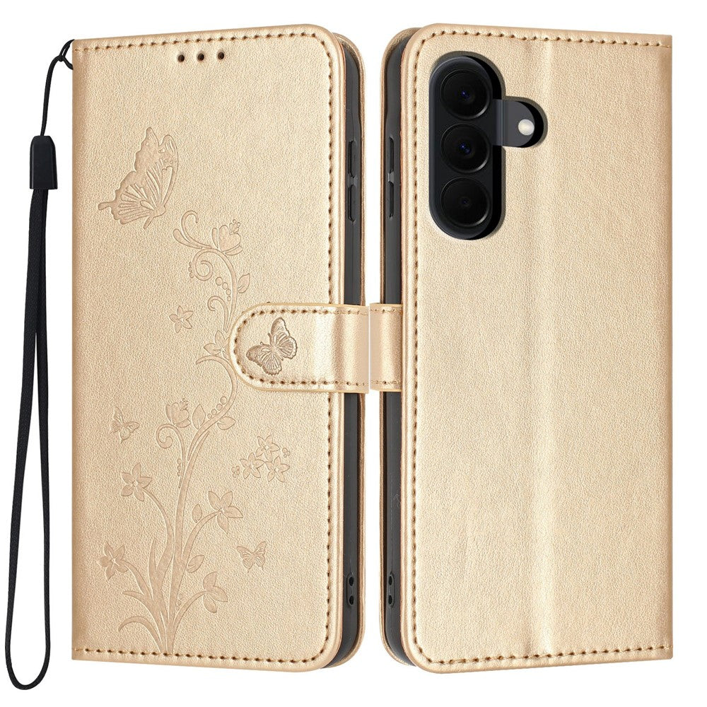 For Samsung Galaxy A37 5G Wallet Case Butterfly Flower Imprint PU Leather Phone Cover with Wrist Strap
