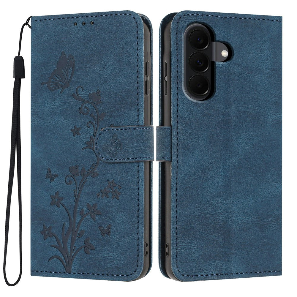 For Samsung Galaxy A37 5G Wallet Case Butterfly Flower Imprint PU Leather Phone Cover with Wrist Strap