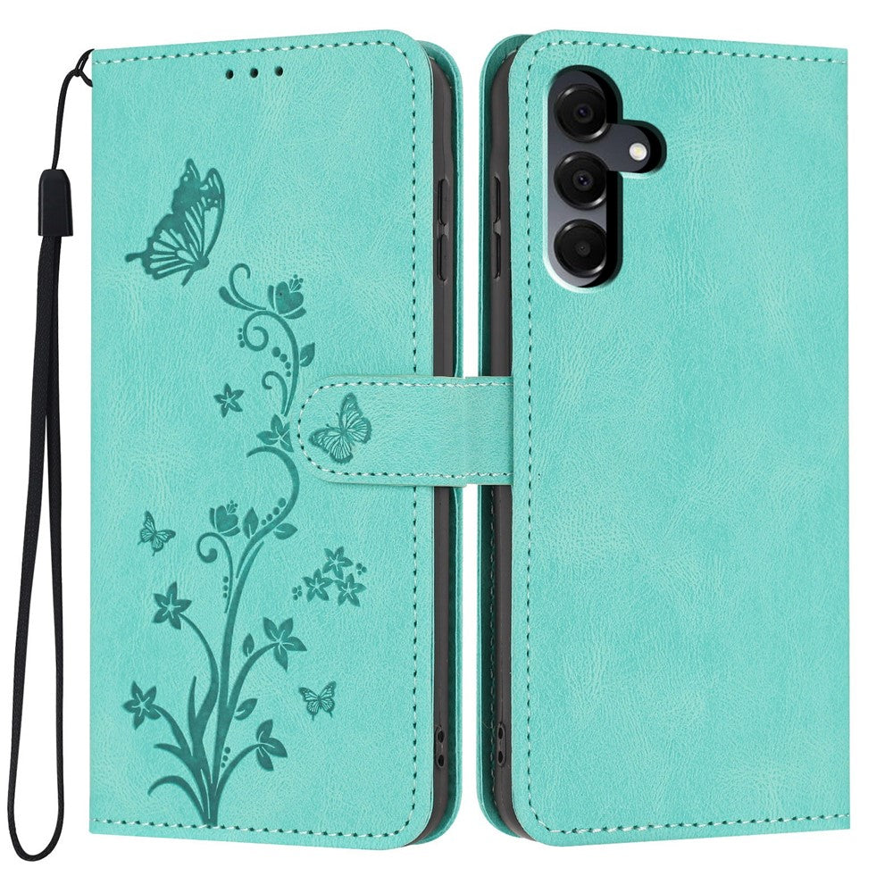 For Samsung Galaxy A27 5G Wallet Case Butterfly Flower Imprint PU Leather Phone Cover with Wrist Strap