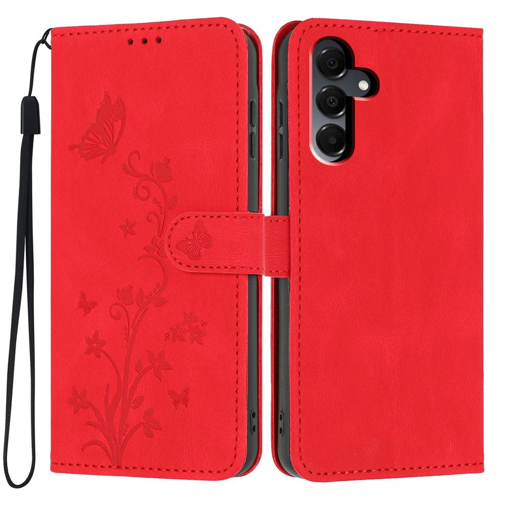 For Samsung Galaxy A27 5G Wallet Case Butterfly Flower Imprint PU Leather Phone Cover with Wrist Strap