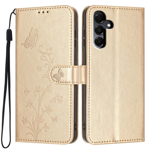 For Samsung Galaxy A27 5G Wallet Case Butterfly Flower Imprint PU Leather Phone Cover with Wrist Strap
