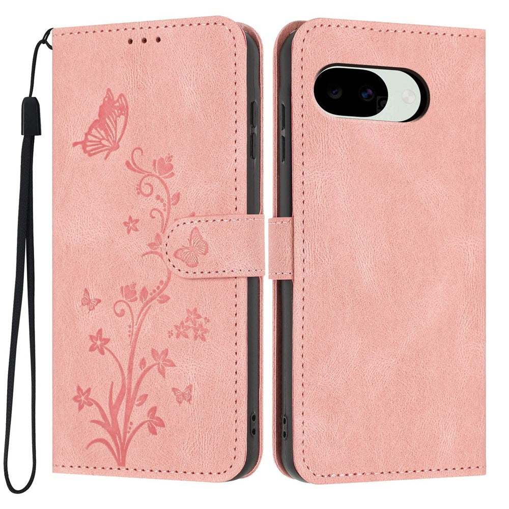 For Google Pixel 10a Wallet Case Butterfly Flower Imprint PU Leather Phone Cover with Wrist Strap